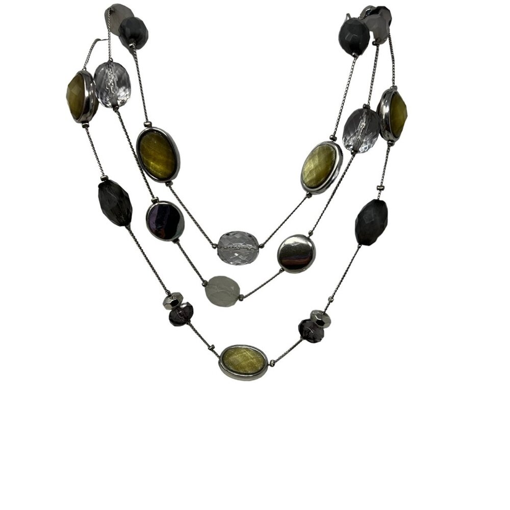 NY Necklace‎ 3 Strand Green Gray Beaded Stations Adjustable